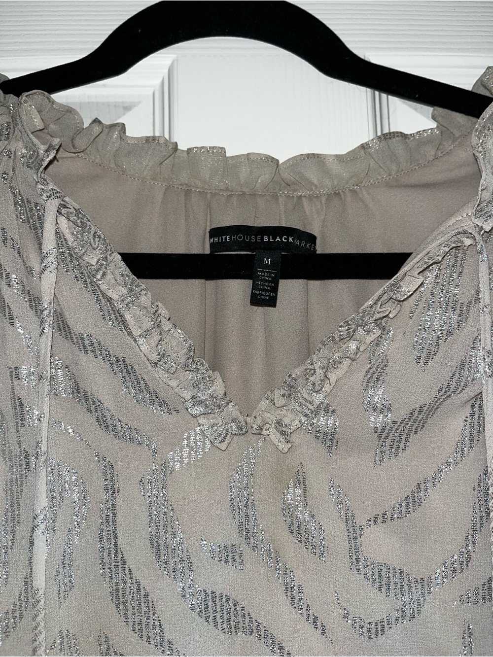 White House Black Market Metallic Taupe Ruffle Sleeve V-Neck Top - Picture 3 of 4